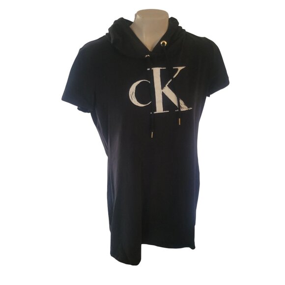 Calvin Klein Black Hooded T-Shirt Dress L/G With CK Logo‎ Short Sleeve Casual - Picture 1 of 7